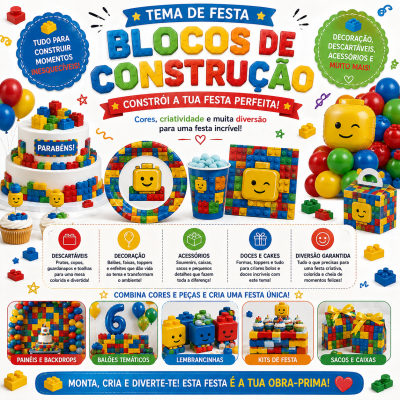 Tema de festa com blocos de construção coloridos e decorações diversas