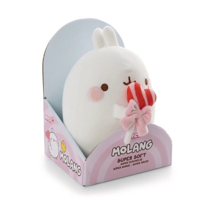 Pelúcia coelho branca segurando um coração em caixa rosa MOLANG