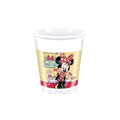 Copo de plástico com desenho da Minnie Mouse e texto Minnie's Cafe