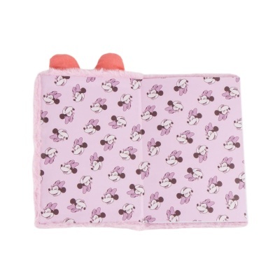 Capa rosa de livro com padrão da Minnie Mouse e orelhas cor-de-rosa