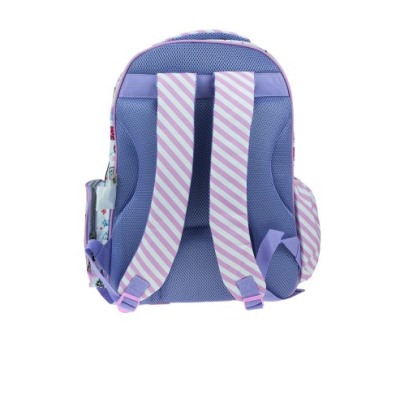 Mochila infantil lilás com alças com riscas cor-de-rosa e branco vista de trás