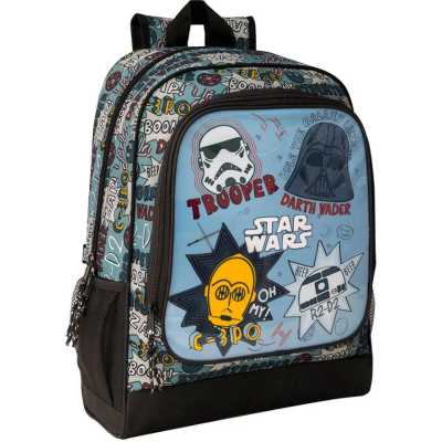 Mochila Star Wars azul com personagens e estampas coloridas