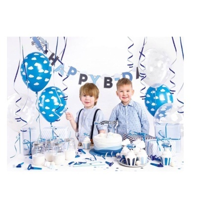 Dois rapazes em festa de aniversário com decoração azul e branca e faixa HAPPY B-DAY