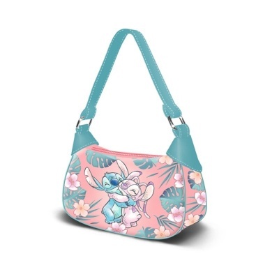 Bolsa rosa com padrão floral e personagens Stitch e Angel abraçados