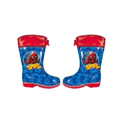 Botas de chuva azuis e vermelhas com estampa de Homem-Aranha