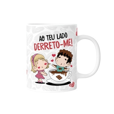 Caneca branca com ilustração de rapariga e rapaz com chocolate e texto em português.