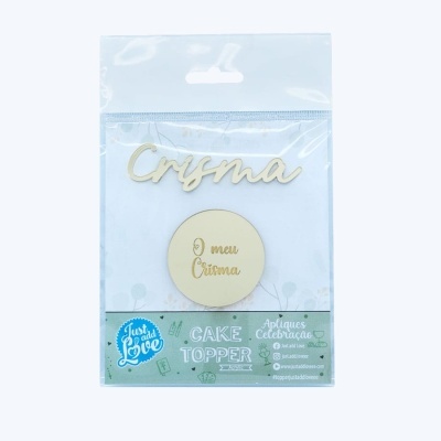 Topper de bolo acrílico Crisma com embalagem transparente e etiqueta verde