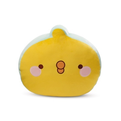 Almofada amarela com rosto simples de personagem com bochechas cor-de-rosa