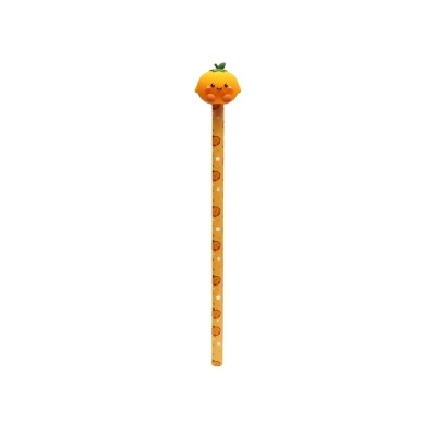 Lápis amarelo com topo em forma de pêssego sorridente
