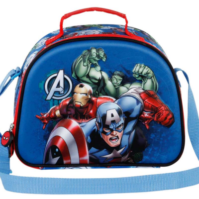 Mala térmica azul com personagens dos Avengers e alças azul e vermelha