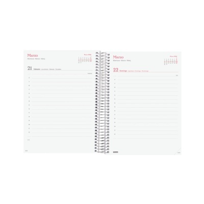 Agenda espiralada aberta com dias 21 e 22 de Março em português