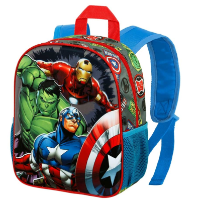 Mochila infantil Avengers com personagens Hulk, Homem de Ferro e Capitão América, azul e vermelha