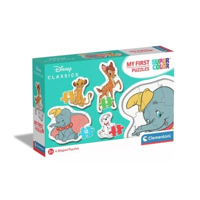 Caixa de puzzles Disney Classics com 4 puzzles em formas, personagens Dumbo, Simba, Bambi e dálmata