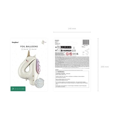 Pacote de balões de folha forma unicórnio rosa e dourado com texto PartyDeco e aviso de segurança