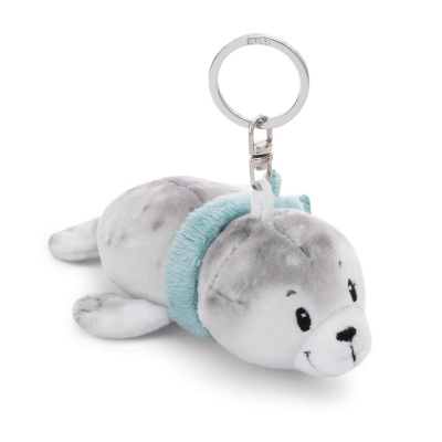 Chaveiro de peluche em forma de foca cinzenta com colarinho azul claro