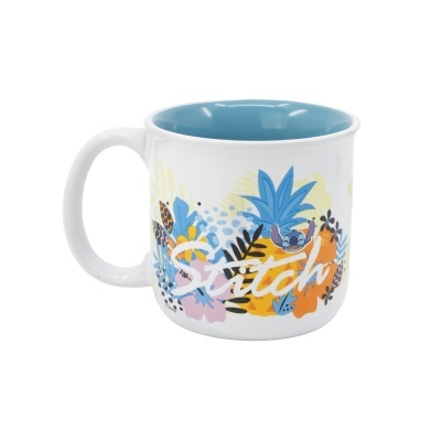 Caneca branca com interior azul e padrão tropical colorido com texto 'Butch'