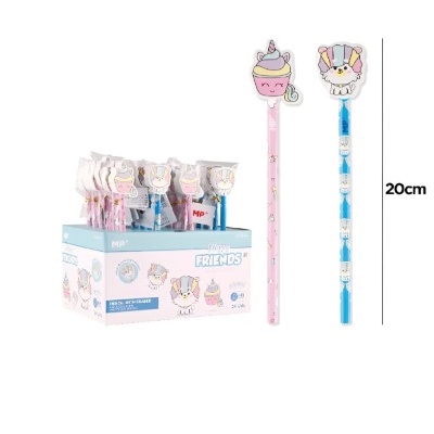 Lápis coloridos de 20 cm em caixa com decoração de gelado e personagem colorida