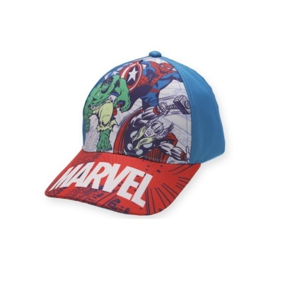 Boné infantil Marvel com personagens e aba vermelha com texto branco