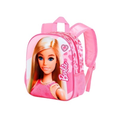 Mochila infantil cor-de-rosa com imagem da Barbie e padrão de onça
