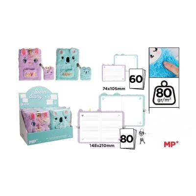 Diários secretos com capas felpudas, detalhes de rosto e texto LOVE e HAPPY, exibidos em embalagem e com características técnicas ao lado.