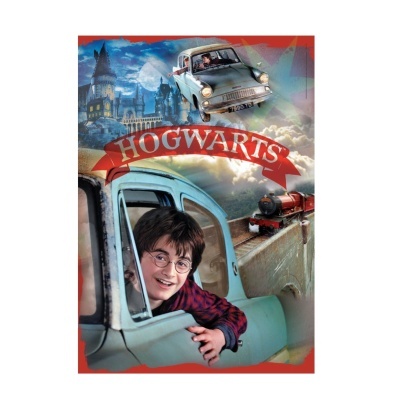 Poster do Harry Potter com carro voador e Castelo de Hogwarts ao fundo