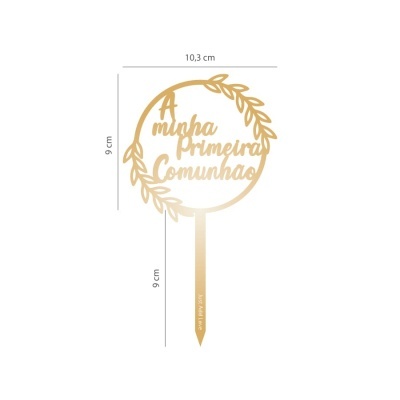 Topo de bolo dourado em acrílico com texto e moldura circular com folhas