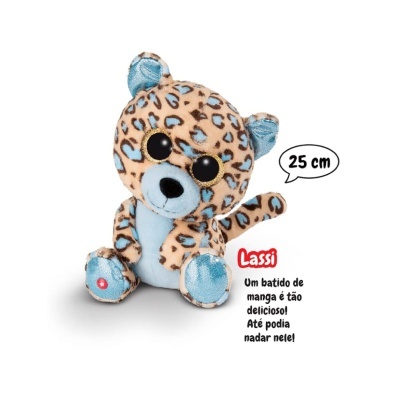 Pelúcia de 25 cm em padrão leopardo azul e bege com olhos grandes