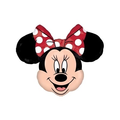 Máscara da personagem Minnie com orelhas pretas, laço vermelho com bolinhas brancas e rosto sorridente