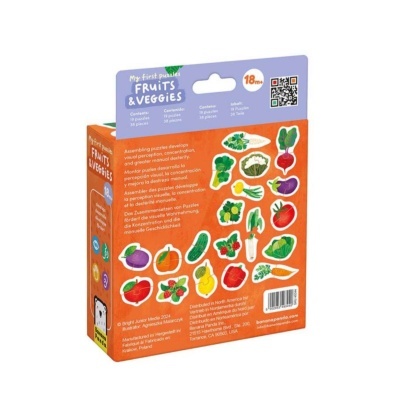 Caixa colorida de puzzle infantil com ilustrações de frutas e legumes