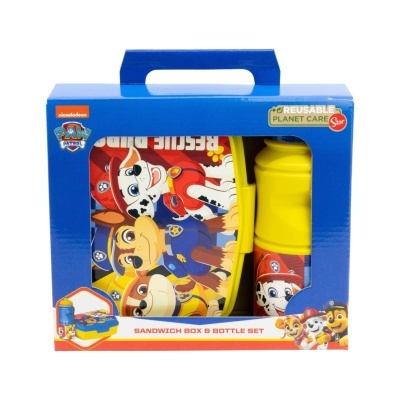 Conjunto lancheira e garrafa amarelos com personagens PAW Patrol em caixa azul