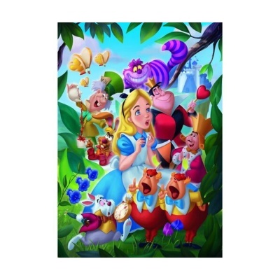 Ilustração colorida dos personagens do conto Alice no País das Maravilhas em ambiente de floresta