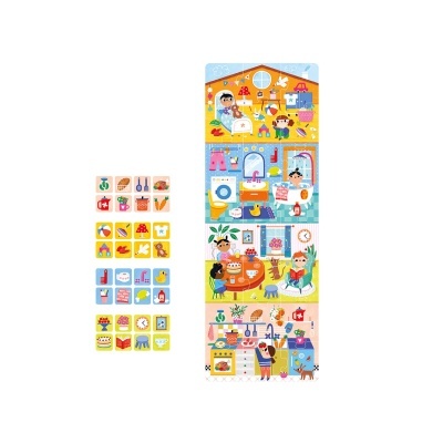 Ilustração de casa com vários cômodos e itens domésticos coloridos