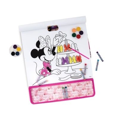 Kit de pintura da Minnie Mouse com paleta de cores, pincel, lápis de cor, e estojo rosa com texto