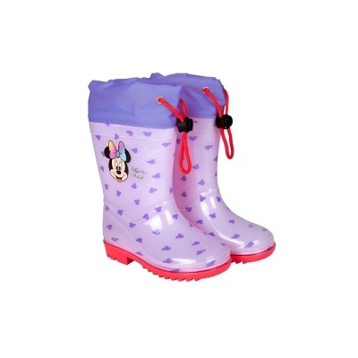 Galochas infantis lilás com padrão de corações roxos e Minnie Mouse