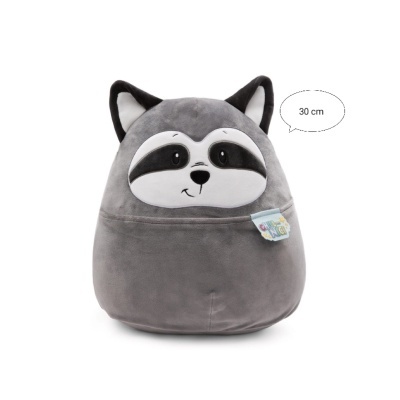 Pelucho guaxinim cinzento e branco com etiqueta colorida