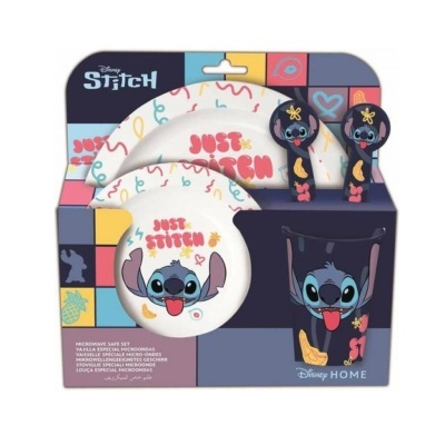 Conjunto infantil Disney Stitch com prato, copo e talheres com motivos do personagem Stitch.