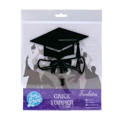 Cake topper acrílico preto chapéu graduação diploma embalado em blister transparente com etiqueta roxa