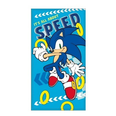Toalha azul com o personagem Sonic e anéis amarelos, texto IT'S ALL ABOUT SPEED