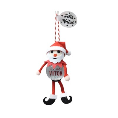 Boneco decorativo de Pai Natal vermelho e branco com etiqueta Feliz Natal VITOR