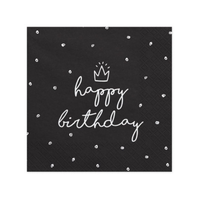 Guardanapo preto com texto branco happy birthday e pequenas manchas brancas