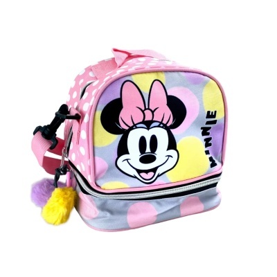 Mala infantil rosa com bolinhas brancas e estampa da Minnie Mouse com laço rosa