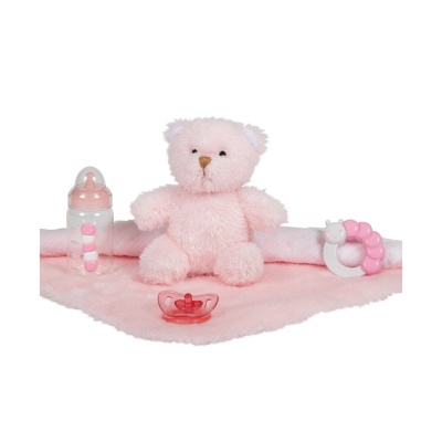 Conjunto de bebé com ursinho de peluche, biberão, chocalho, chupeta e manta rosa