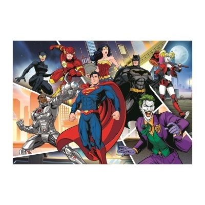 Desenho animado com super-heróis e vilão da DC Comics em cenário de cidade