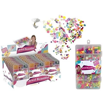 Conjunto infantil de bijuteria com contas coloridas em caixa transparente e expositor com várias unidades