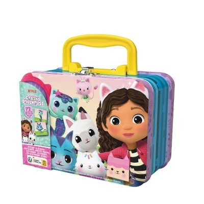 Mala metálica infantil colorida com personagens de Gabbys Dollhouse e asa amarela