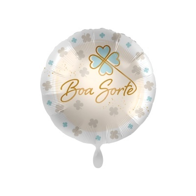Balão redondo prateado com trevos e texto 'Boa Sorte'
