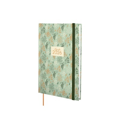 Agenda 2026 com capa decorada em verde e laranja com padrão de folhas, elástico e marcador
