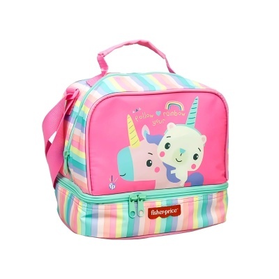 Mala térmica infantil Fischer Price colorida com estampa divertida e alça rosa