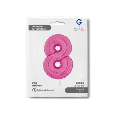 Balão folha número 8 fúcsia em embalagem branca com texto e etiquetas