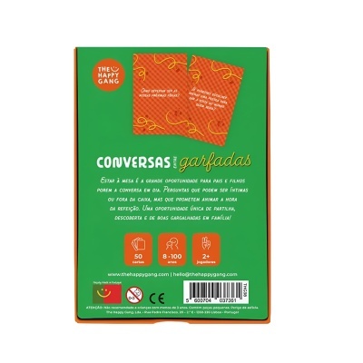 Embalagem de jogo Conversas com Garfadas, verde e laranja, com texto e ícones indicativos.